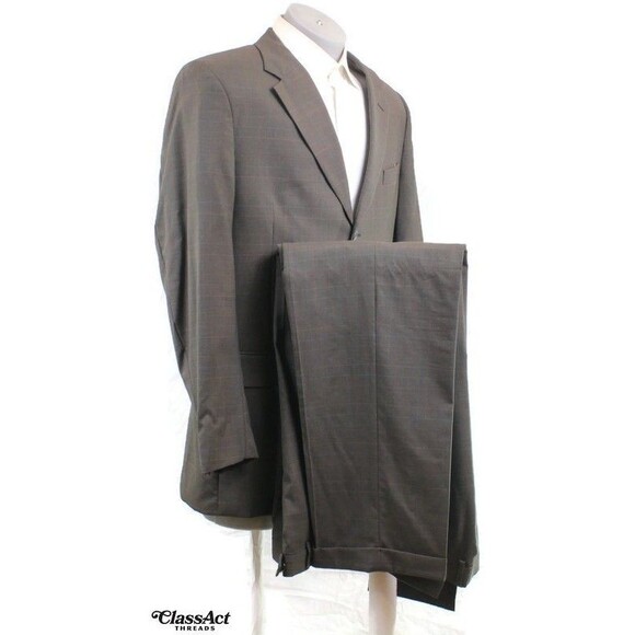 Jos A Bank 2 Piece Suit Mens Green Glen Plaid 3 Btn Wool 44L Pleated Fronts 36 W - Picture 1 of 10